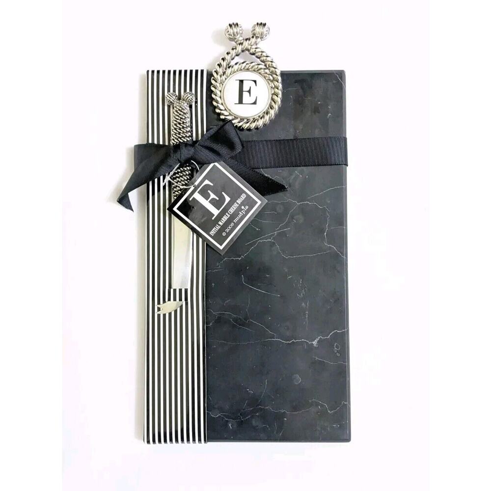 MUD PIE Black Marble Charcuterie Cheese Cutting Board Knife Initial E Medallion
